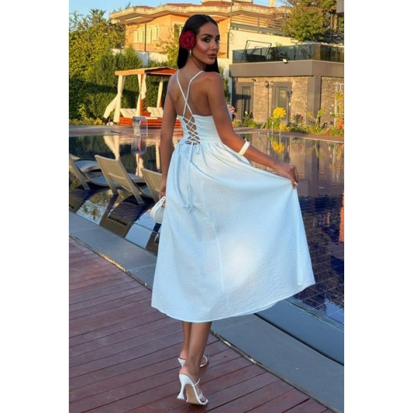 Sırtı Çapraz İpli Boncuk Detaylı Elbise 2902-08