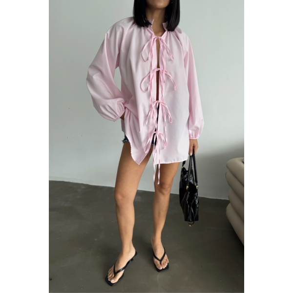 GÖMLEK POPLİN HAKİM YAKA ÖNDEN BAĞLAMA İP DETAYLI - Pembe