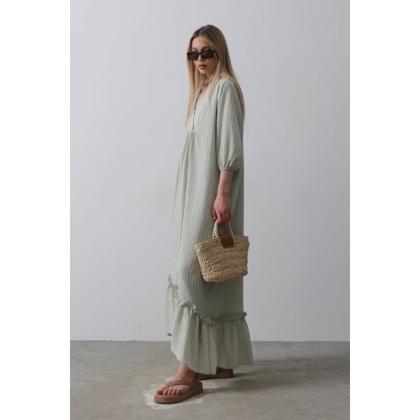 Çizgili Oversize V Yaka Elbise - Haki