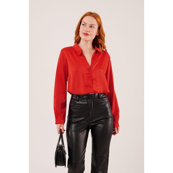 Saten Crop Model Kırmızı Gömlek