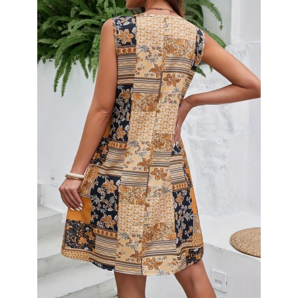 Kadın Sıfır Kol Yuvarlak Yaka çiçek Desenli Süprem Elbise