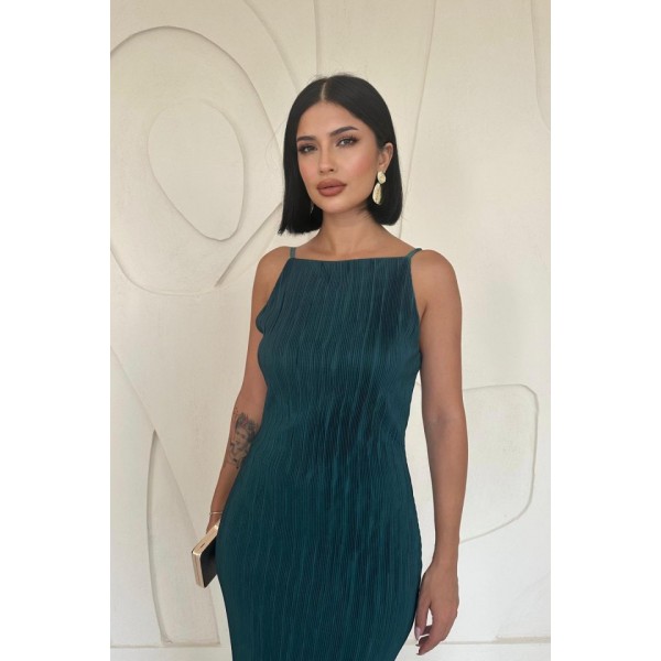 Zümrüt Piliseli Halter Boyun Elbise