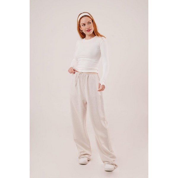 Cepli Bağlama Detaylı Keten Ekru Pantolon