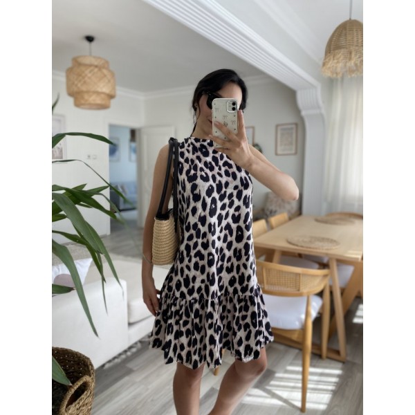 Kadın Kolsuz Sırttan Bağlamalı Fırfırlı Leopar Desenli Süprem Elbise