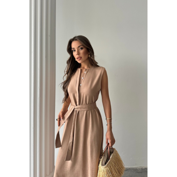 KETEN ELBİSE KOLSUZ BEL BAĞLAMALI MAXİ ELBİSE - Kahverengi