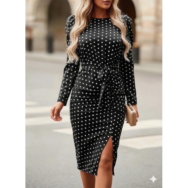 Kadın Uzun Kollu Yuvarlak Yaka Belden Kuşaklı önden Yırtmaçlı örme Krep Elbise