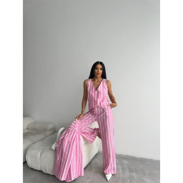 ÇİZGİLİ CEKET KETEN - Pembe