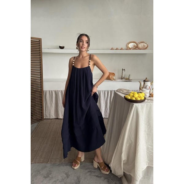 Lacivert Askılı Müslin Elbise
