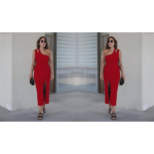 Kadın Kolsuz Tek Omuz Damla Detay JanJan Krep Elbise