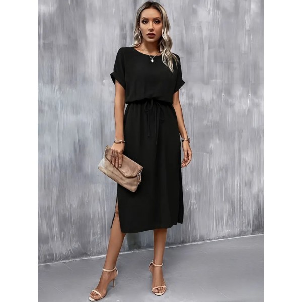 Kadın Kısa Kollu Yakası Açık Belden Bağlamalı Yırtmaçlı Viskon Elbise