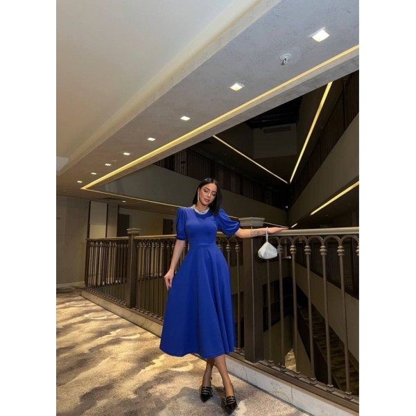 Kadın Bisiklet Yaka Kısa Kol Lastik Detay Uzun Elbise