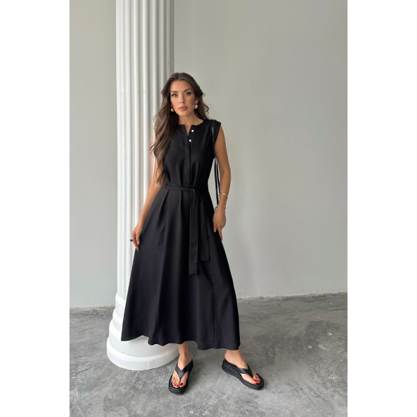 KETEN ELBİSE KOLSUZ BEL BAĞLAMALI MAXİ ELBİSE - Siyah