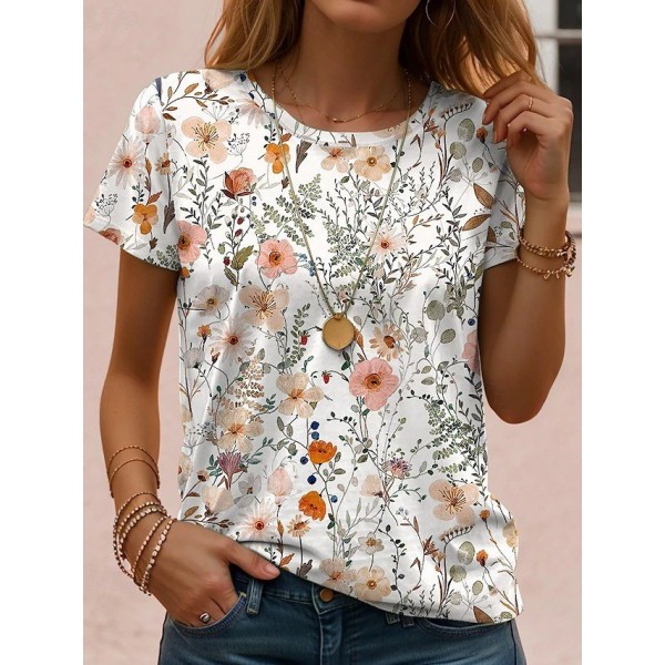 Kadın Kısa Kollu Bisiklet Yaka çiçek Desenli Viskon Bluz