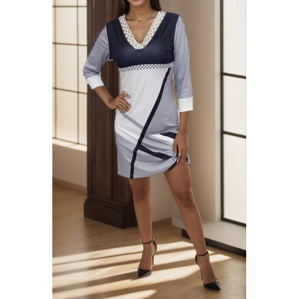 Kadın Fakir Kollu V Dantel Yaka Geometrik Desenli Dalgıç Elbise