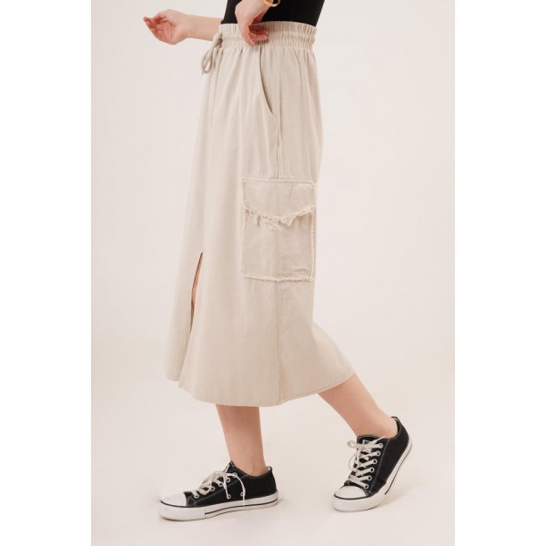 Ön Yırtmaçlı Cep Detaylı Krem Etek