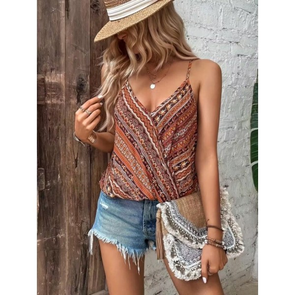 Kadın Ip Askılı V Yakalı Desenli Süprem Bluz