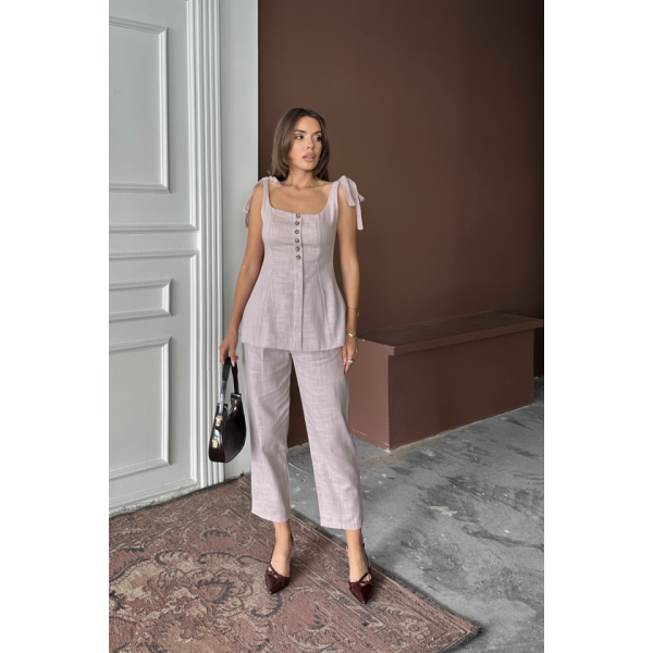 ŞANTUK KETEN YELEK GÖRÜNÜMLÜASKILI BLUZ - PANTOLON TK - Lila