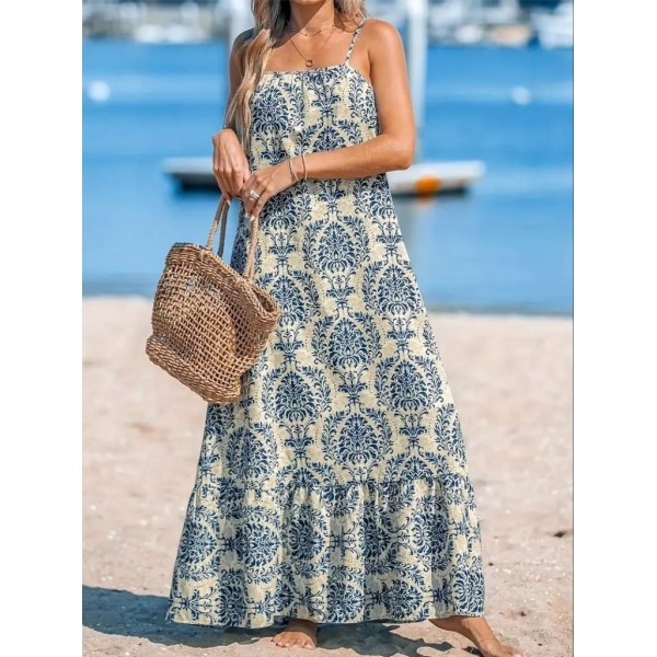 Kadın Ip Askılı Desenli Fırfırlı Süprem Elbise