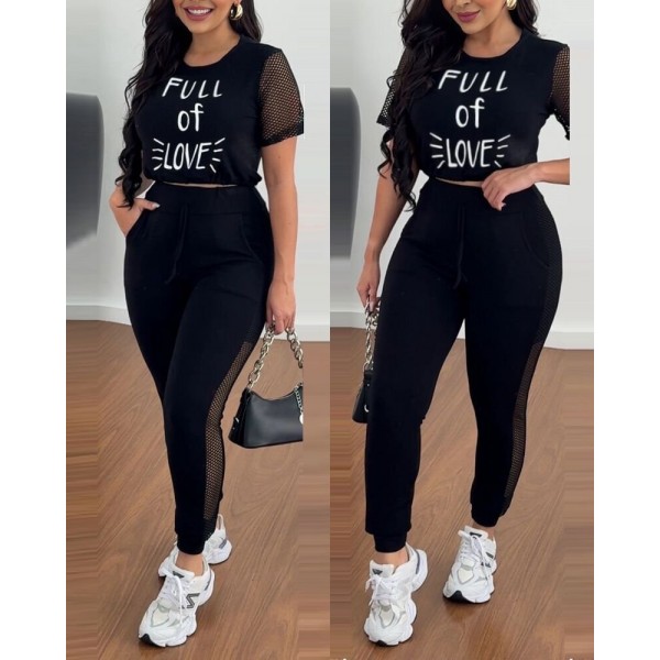 Kadın Kısa Kollu Bisiklet Yaka File Detaylı Viskon Iki Iplik Krop Ve Eşofman Altı Ikili Takım