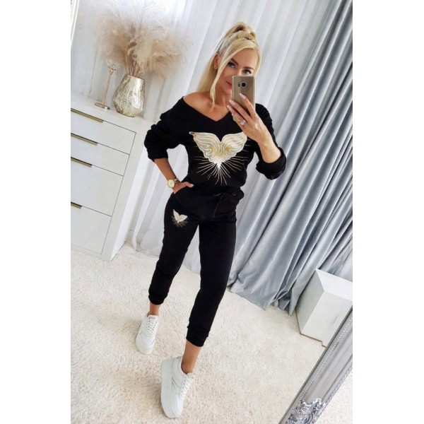 Kadın Uzun Kollu V Yakalı Desenli Viskon Iki Iplik Bluz Ve Pantolon Ikili Takım