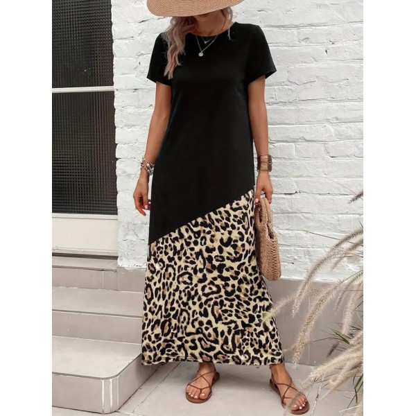 Kadın Kısa Kollu Bisiklet Yaka Leopar Detaylı Midi üst Viskon Alt Süprem Elbise