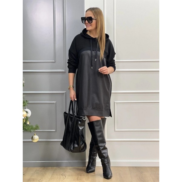 Kadın Uzun Kollu Kapüşon Ve Deri Detay Diz üstü Elbise
