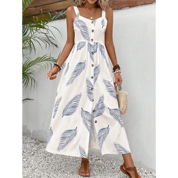 Kadın Askılı önden Düğmeli Yaprak Desenli Uzun Süprem Elbise