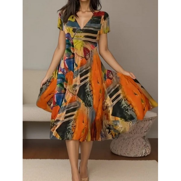 Kadın Kısa Kollu V Yaka Renkli Karışık Desen Kloş Süprem Midi Elbise