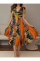Kadın Kısa Kollu V Yaka Renkli Karışık Desen Kloş Süprem Midi Elbise