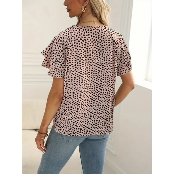 Kadın Kısa Kollu Kolları Volanlı Baskılı Süprem Bluz