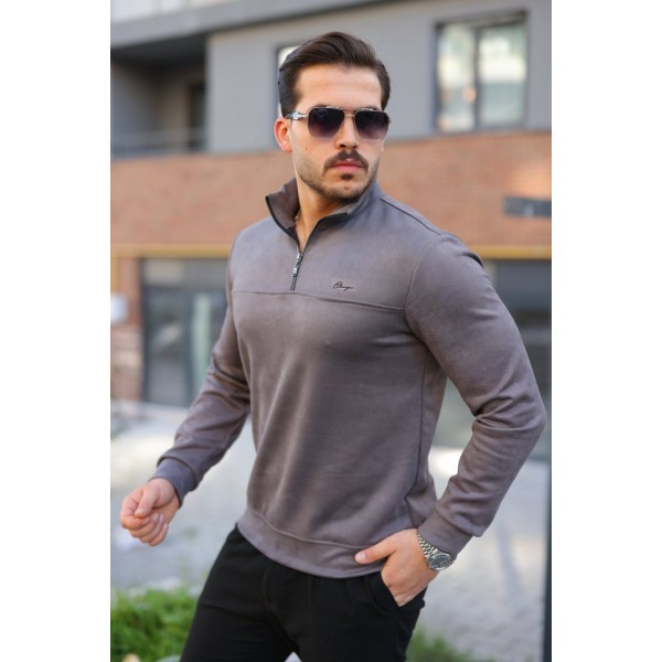 Erkek Süet Yarım Fermuar Dik Yaka Sweat