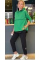 Kadın Yeşil Kapşonlu Etek Ucu Detay Arma Ters Dikiş Gorunumlu Ikili Takım