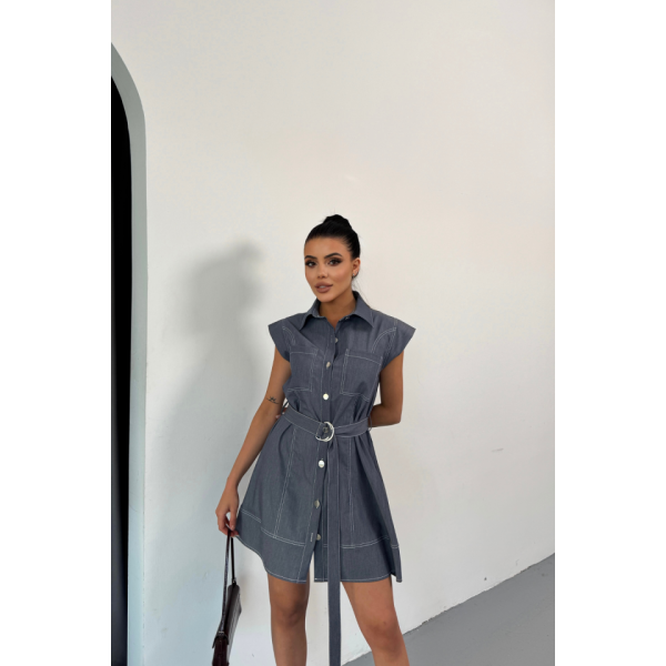 GÖMLEK ELBİSE KOLSUZ TENCEL KUMAŞ - Mavi