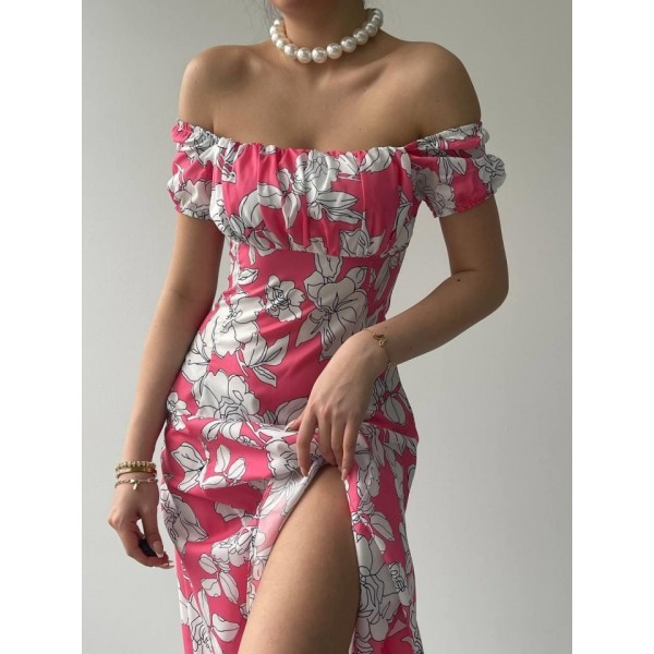 Kare Yaka Çiçekli Elbise