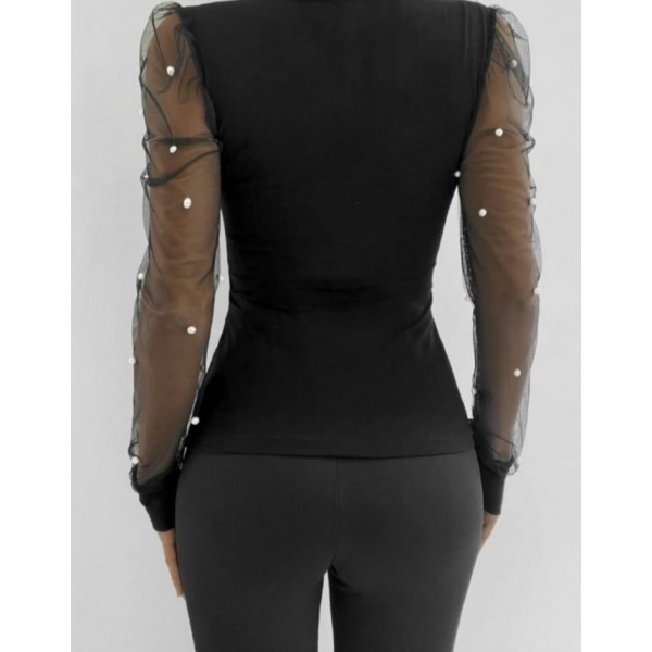 Kadın Uzun Kollu Inci Detaylı Tüllü Viskon Bluz