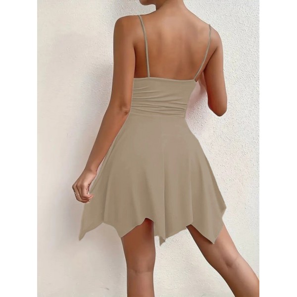 Kadın Ip Askılı V Yakalı Asimetrik Kesim Detaylı Janjan Krep Elbise