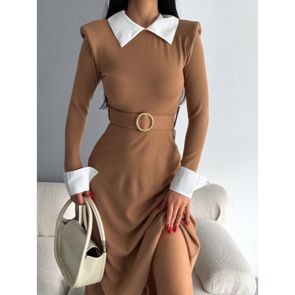 Kadın Uzun Kol Gömlek Yaka Ve Vatka Detay Kemer Dahil Midi Boy Elbise