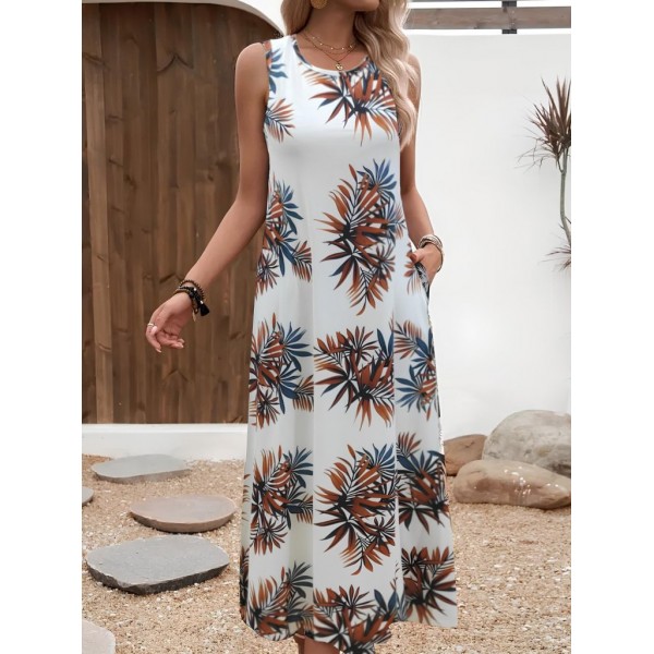 Kadın Askılı Yuvarlak Yaka Cepli Desenli Süprem Elbise