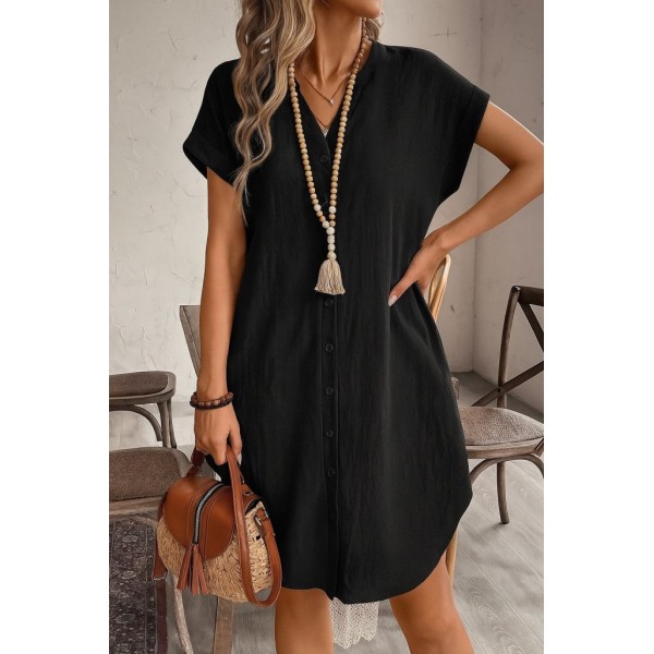 Kadın Kısa Kollu önden Düğmeli Ithal Keten Elbise