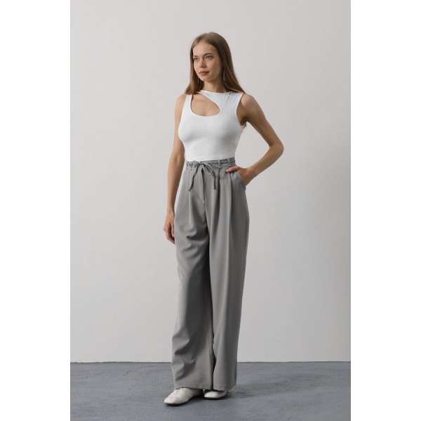 Pileli Bağcıklı Oversize Pantolon - Gri