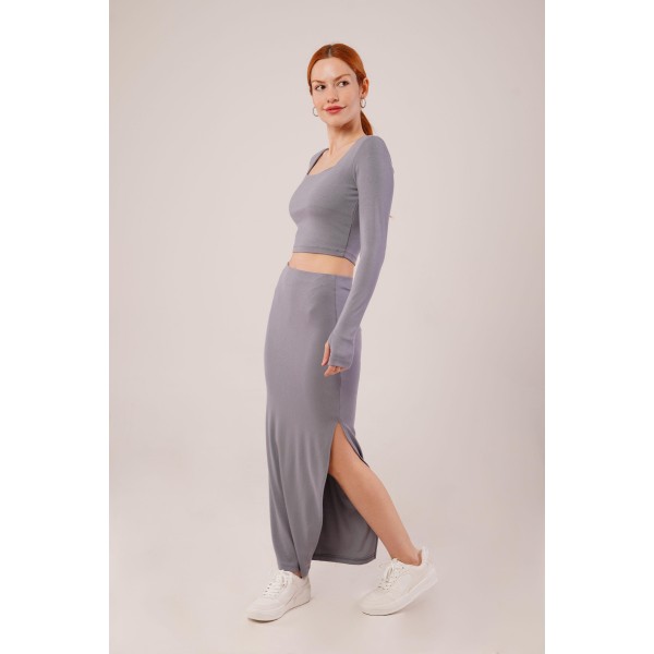 Kare Yaka Bluz Ve Yırtmaç Detaylı Etek İkili Gri Takım