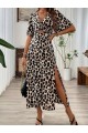 Kadın Kısa Kollu V Yakalı Beli Lastikli Yırtmaçlı Uzun Leopar Desenli Süprem Elbise