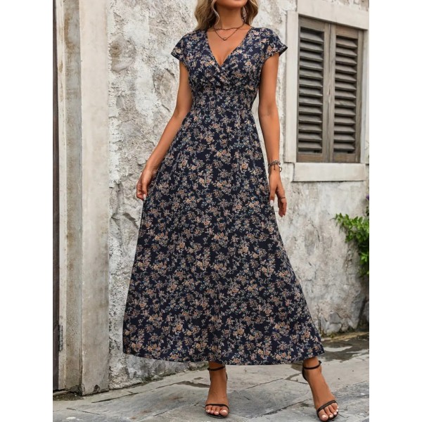 Kadın Kısa Kollu Kruvaze Yakalı çiçek Desenli Belden Lastikli Süprem Uzun Elbise