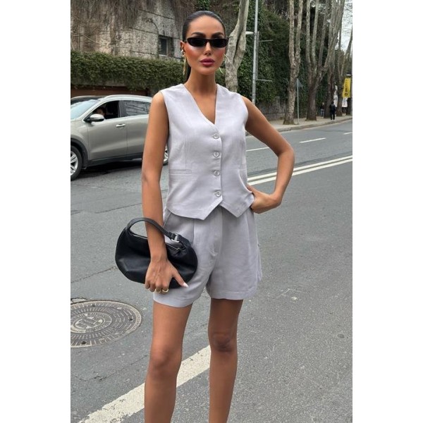 Yelek Şort Flamlı Keten Takım 10133-17