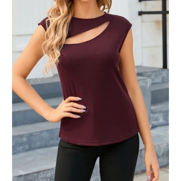 Kadın Sıfır Kol Pencere Detay Viskon T-shirt