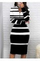 Kadın Uzun Kollu Fermuar Detay Siyah Beyaz çizgili Akrelik Triko Elbise