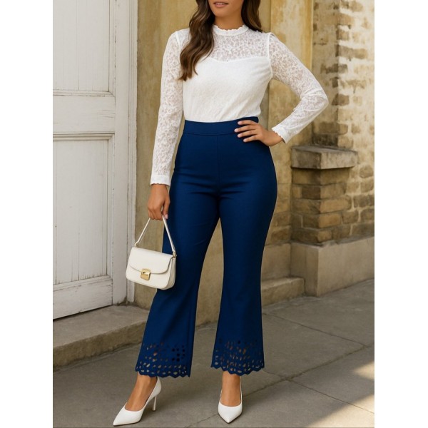 Kadın Yüksek Bel Paçaya Doğru Genişleyen Lazer çiçek Kesim Detaylı Ithal Krep Pantolon