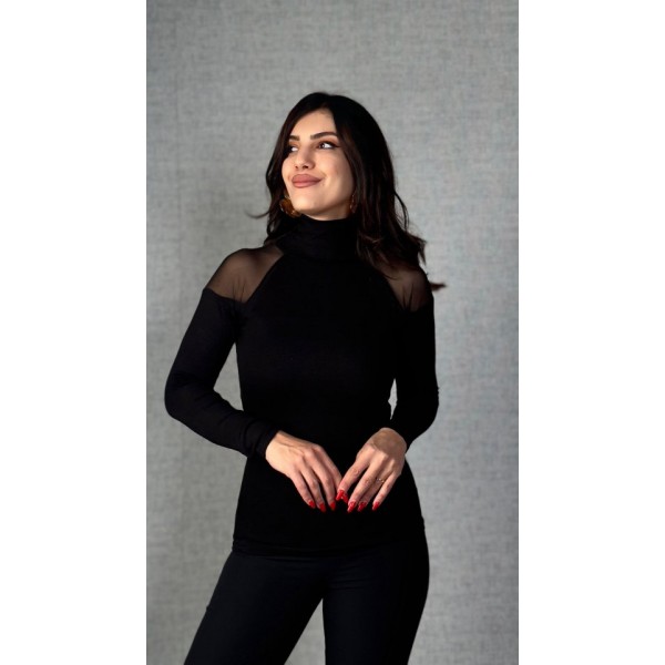 Kadın Omuzları Tül Balıkçı Yaka Viskon Kumaş Bluz