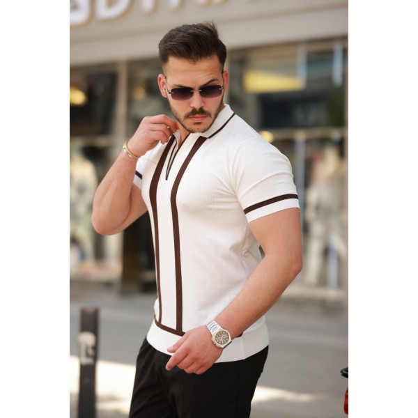 Erkek Fermuar Yakalı şerit Detaylı Kısa Kollu Tişört