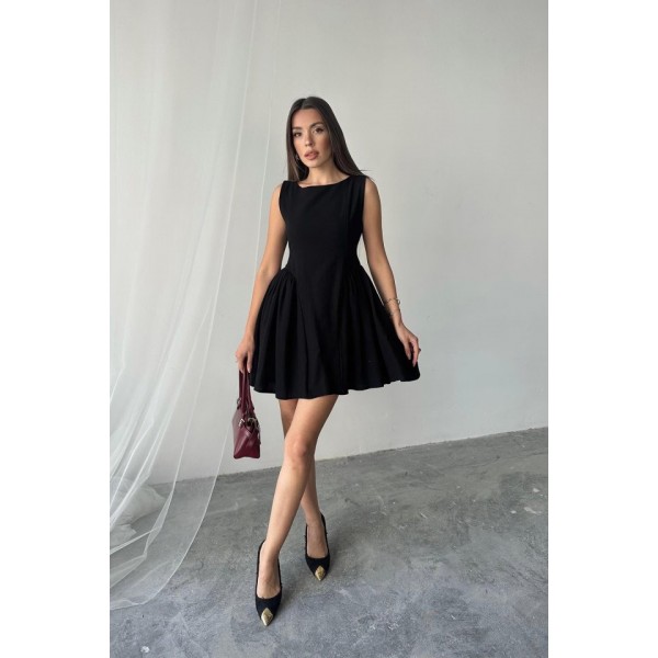 Siyah Mini Boy Büzgülü Keten Elbise